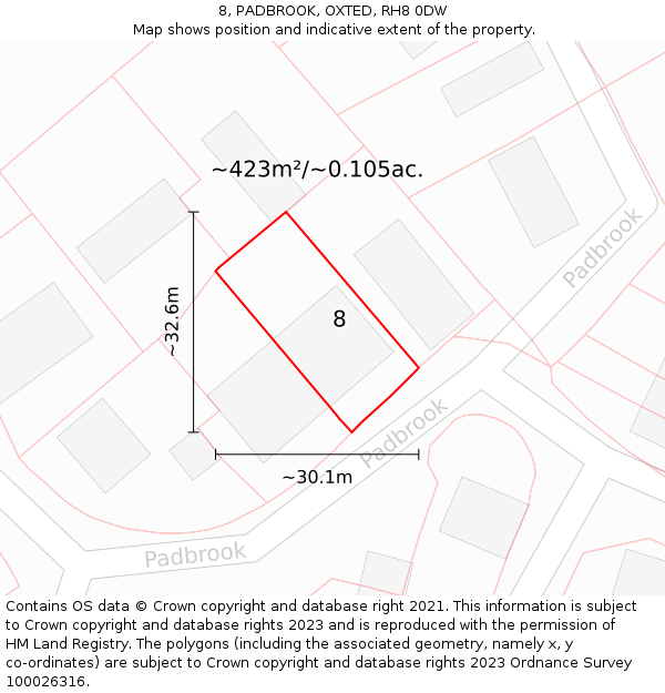 8, PADBROOK, OXTED, RH8 0DW: Plot and title map