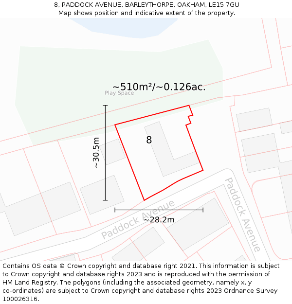 8, PADDOCK AVENUE, BARLEYTHORPE, OAKHAM, LE15 7GU: Plot and title map