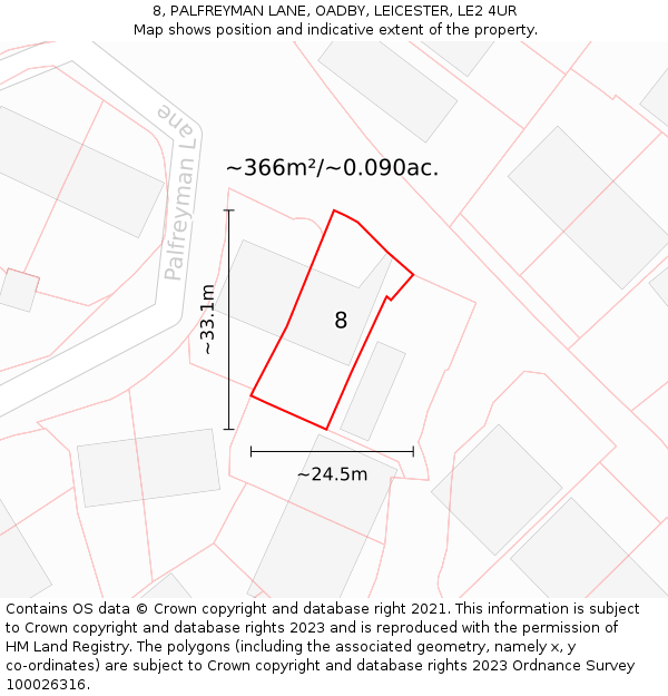 8, PALFREYMAN LANE, OADBY, LEICESTER, LE2 4UR: Plot and title map