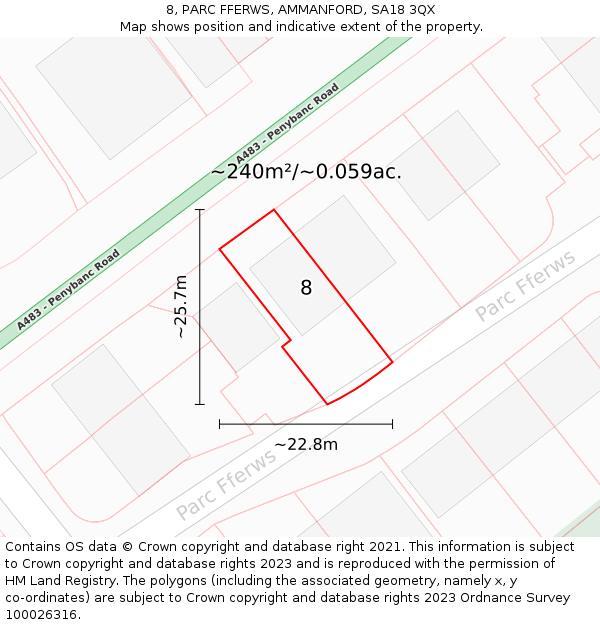 8, PARC FFERWS, AMMANFORD, SA18 3QX: Plot and title map