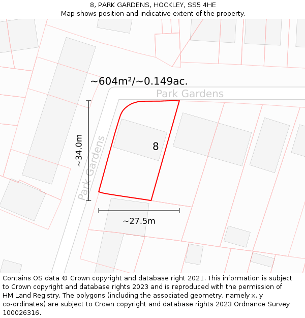 8, PARK GARDENS, HOCKLEY, SS5 4HE: Plot and title map