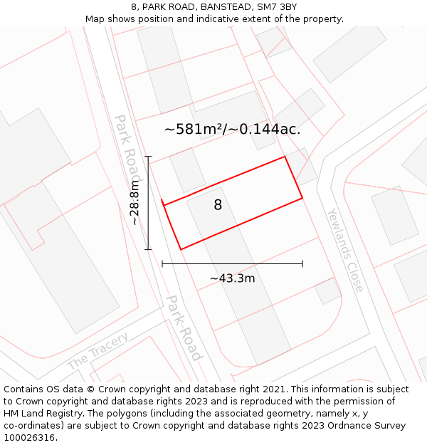 8, PARK ROAD, BANSTEAD, SM7 3BY: Plot and title map