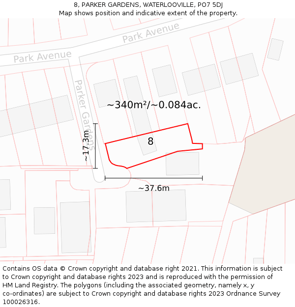 8, PARKER GARDENS, WATERLOOVILLE, PO7 5DJ: Plot and title map