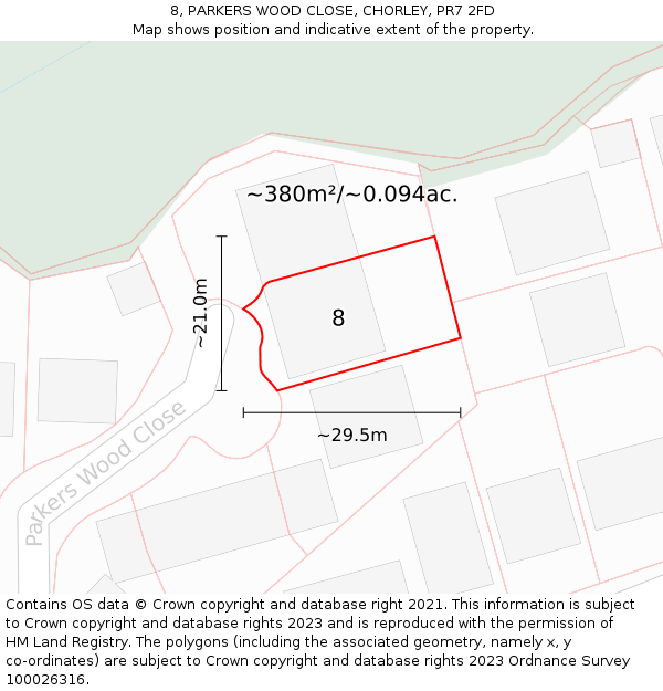 8, PARKERS WOOD CLOSE, CHORLEY, PR7 2FD: Plot and title map