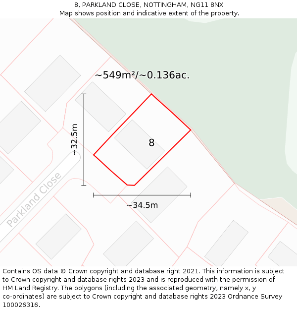 8, PARKLAND CLOSE, NOTTINGHAM, NG11 8NX: Plot and title map