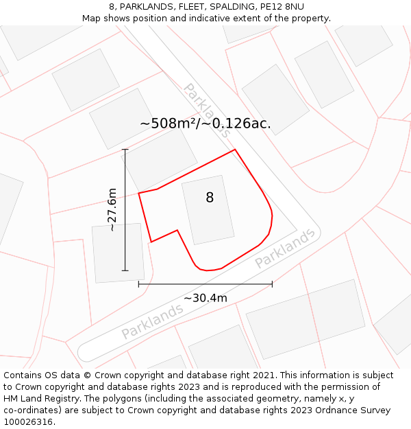 8, PARKLANDS, FLEET, SPALDING, PE12 8NU: Plot and title map