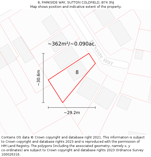 8, PARKSIDE WAY, SUTTON COLDFIELD, B74 3NJ: Plot and title map