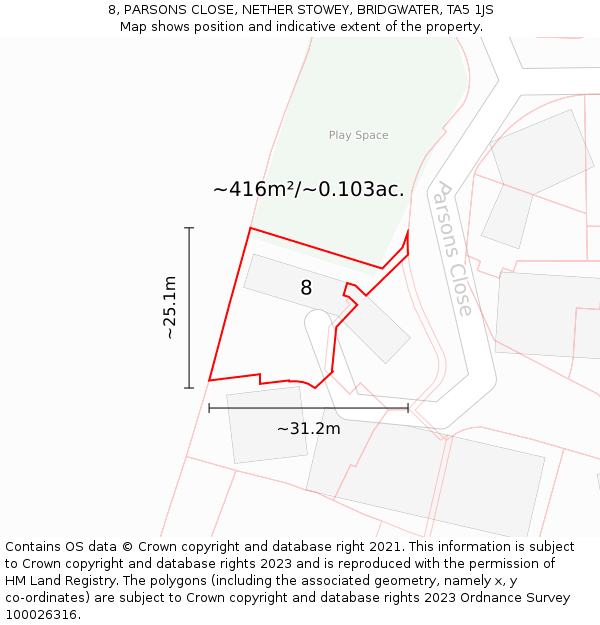 8, PARSONS CLOSE, NETHER STOWEY, BRIDGWATER, TA5 1JS: Plot and title map