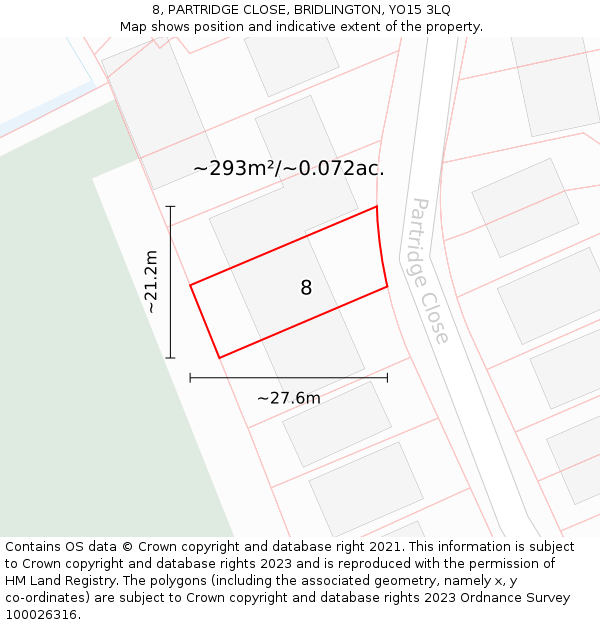 8, PARTRIDGE CLOSE, BRIDLINGTON, YO15 3LQ: Plot and title map