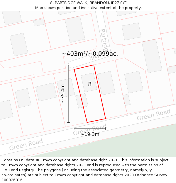 8, PARTRIDGE WALK, BRANDON, IP27 0YF: Plot and title map