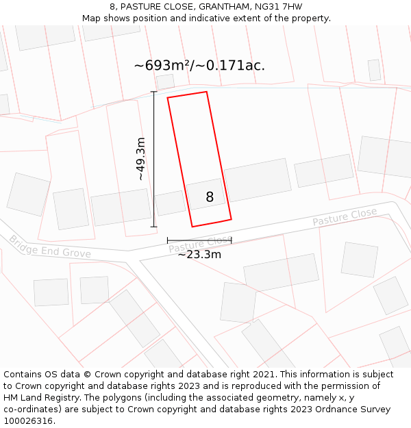 8, PASTURE CLOSE, GRANTHAM, NG31 7HW: Plot and title map