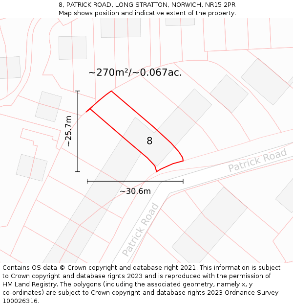 8, PATRICK ROAD, LONG STRATTON, NORWICH, NR15 2PR: Plot and title map