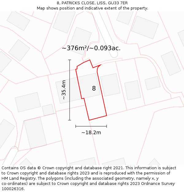 8, PATRICKS CLOSE, LISS, GU33 7ER: Plot and title map