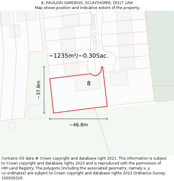 8, PAVILION GARDENS, SCUNTHORPE, DN17 1AW: Plot and title map