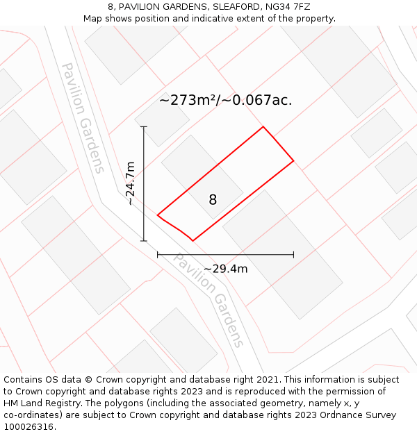 8, PAVILION GARDENS, SLEAFORD, NG34 7FZ: Plot and title map