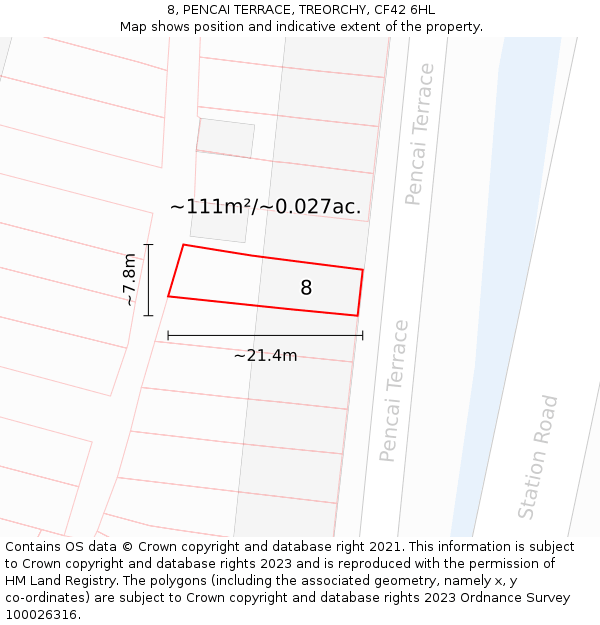 8, PENCAI TERRACE, TREORCHY, CF42 6HL: Plot and title map