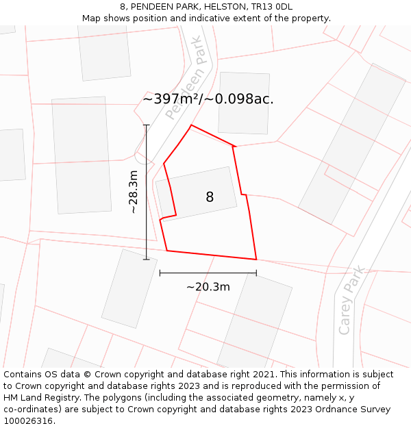 8, PENDEEN PARK, HELSTON, TR13 0DL: Plot and title map