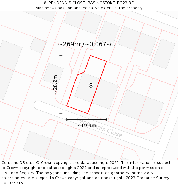 8, PENDENNIS CLOSE, BASINGSTOKE, RG23 8JD: Plot and title map