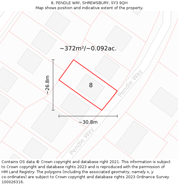 8, PENDLE WAY, SHREWSBURY, SY3 9QH: Plot and title map