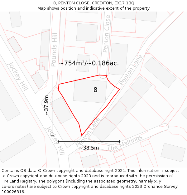 8, PENTON CLOSE, CREDITON, EX17 1BQ: Plot and title map