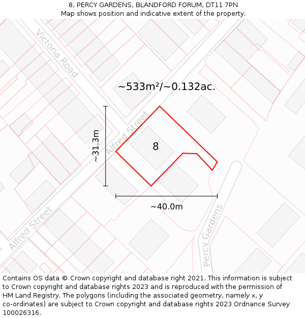 8, PERCY GARDENS, BLANDFORD FORUM, DT11 7PN: Plot and title map