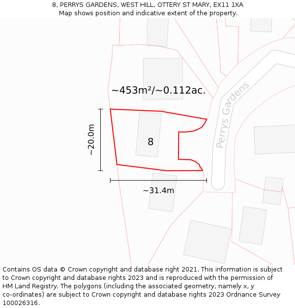 8, PERRYS GARDENS, WEST HILL, OTTERY ST MARY, EX11 1XA: Plot and title map