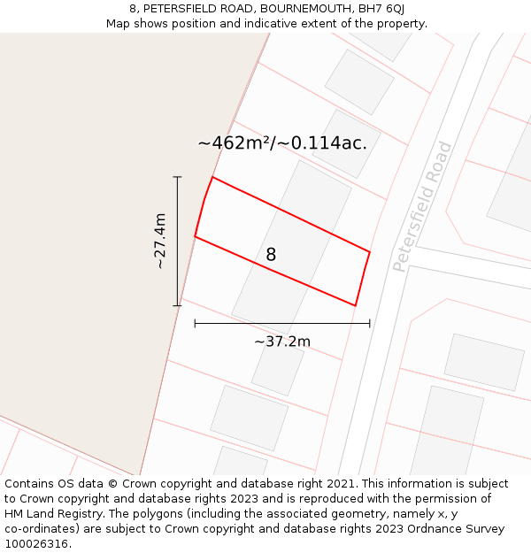 8, PETERSFIELD ROAD, BOURNEMOUTH, BH7 6QJ: Plot and title map