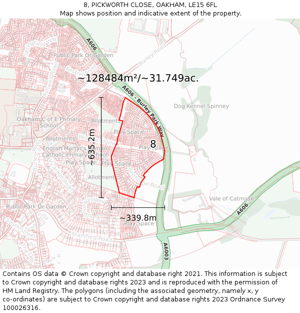 8, PICKWORTH CLOSE, OAKHAM, LE15 6FL: Plot and title map