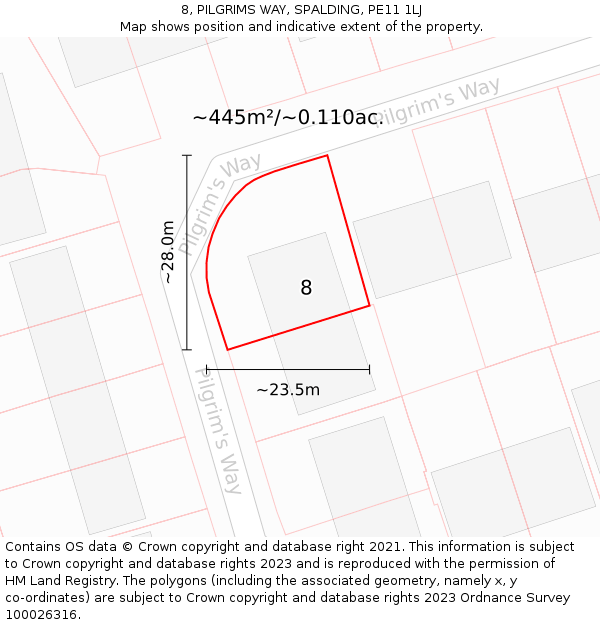 8, PILGRIMS WAY, SPALDING, PE11 1LJ: Plot and title map