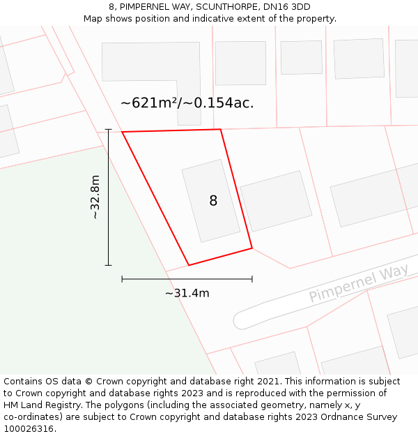 8, PIMPERNEL WAY, SCUNTHORPE, DN16 3DD: Plot and title map