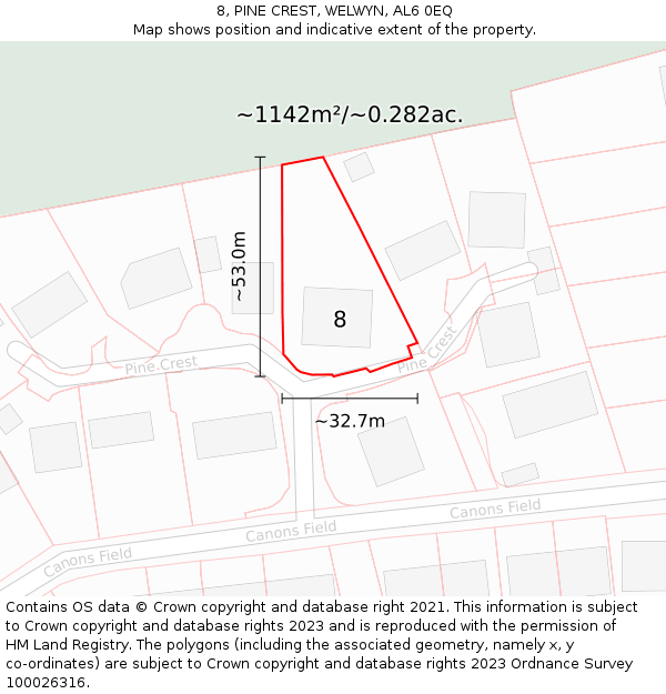 8, PINE CREST, WELWYN, AL6 0EQ: Plot and title map