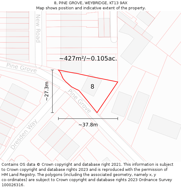 8, PINE GROVE, WEYBRIDGE, KT13 9AX: Plot and title map