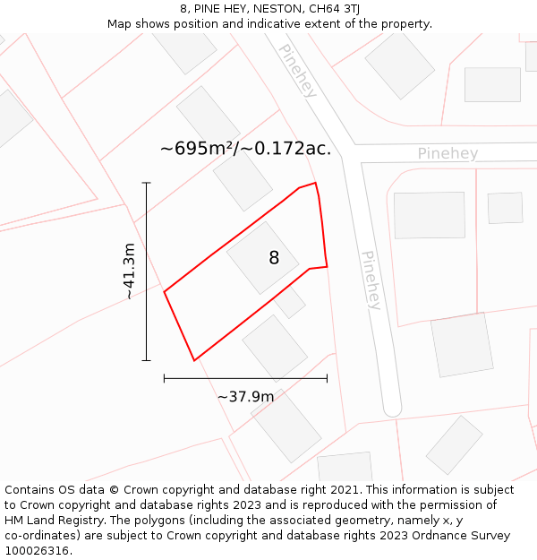 8, PINE HEY, NESTON, CH64 3TJ: Plot and title map