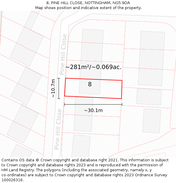 8, PINE HILL CLOSE, NOTTINGHAM, NG5 9DA: Plot and title map