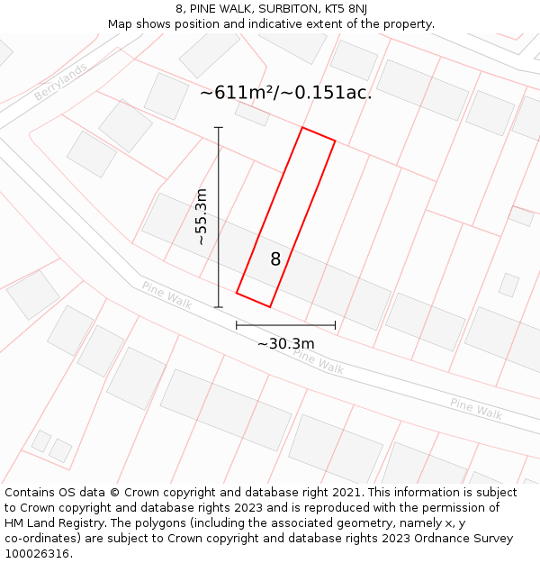 8, PINE WALK, SURBITON, KT5 8NJ: Plot and title map