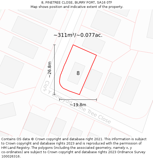 8, PINETREE CLOSE, BURRY PORT, SA16 0TF: Plot and title map