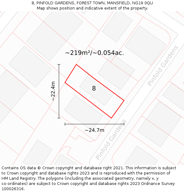 8, PINFOLD GARDENS, FOREST TOWN, MANSFIELD, NG19 0QU: Plot and title map