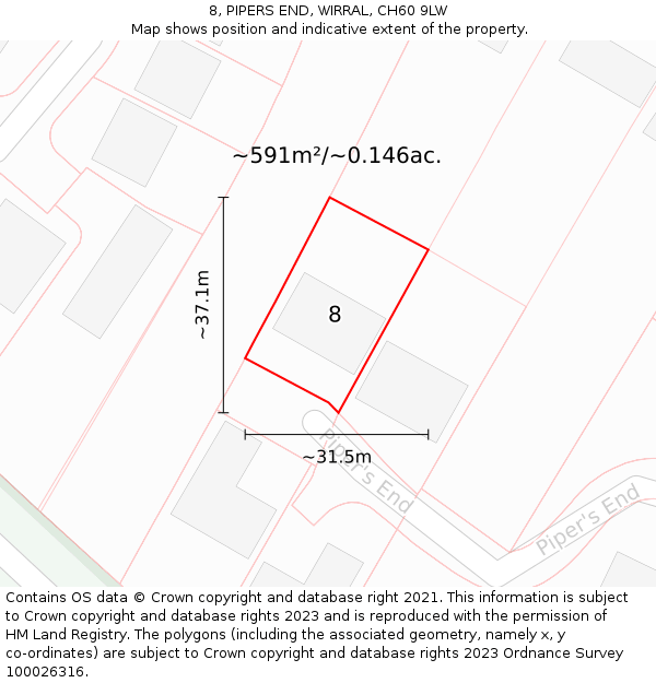 8, PIPERS END, WIRRAL, CH60 9LW: Plot and title map