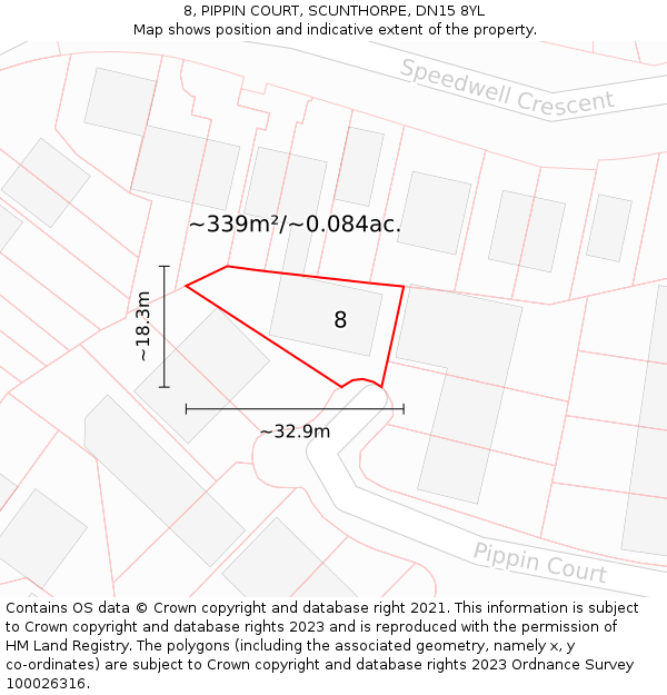 8, PIPPIN COURT, SCUNTHORPE, DN15 8YL: Plot and title map