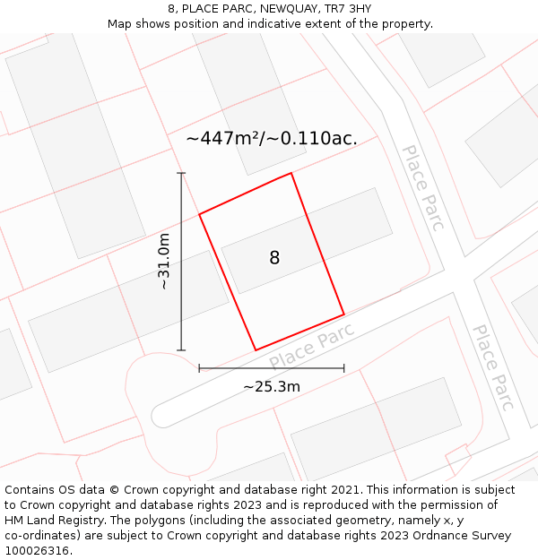 8, PLACE PARC, NEWQUAY, TR7 3HY: Plot and title map