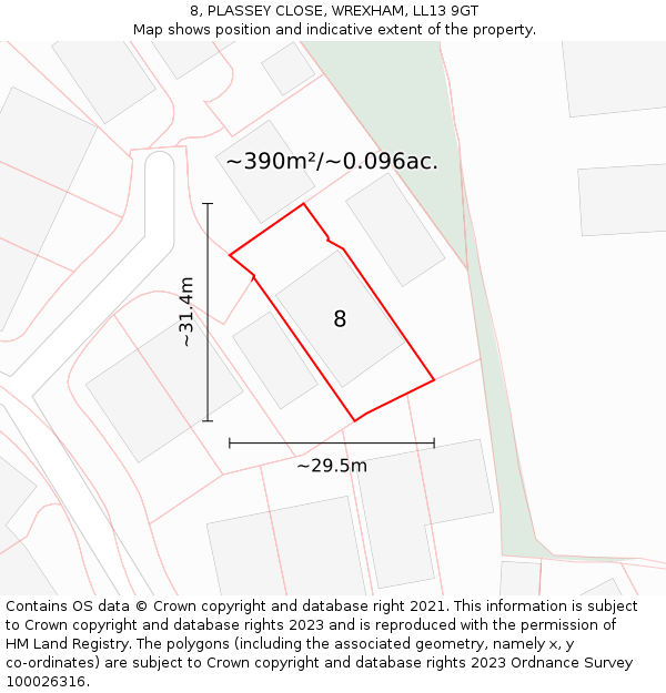 8, PLASSEY CLOSE, WREXHAM, LL13 9GT: Plot and title map