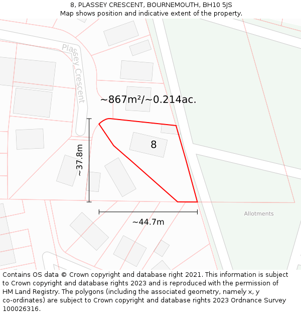 8, PLASSEY CRESCENT, BOURNEMOUTH, BH10 5JS: Plot and title map