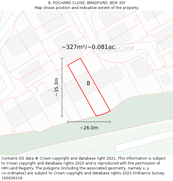 8, POCHARD CLOSE, BRADFORD, BD6 3XY: Plot and title map