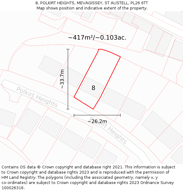 8, POLKIRT HEIGHTS, MEVAGISSEY, ST AUSTELL, PL26 6TT: Plot and title map