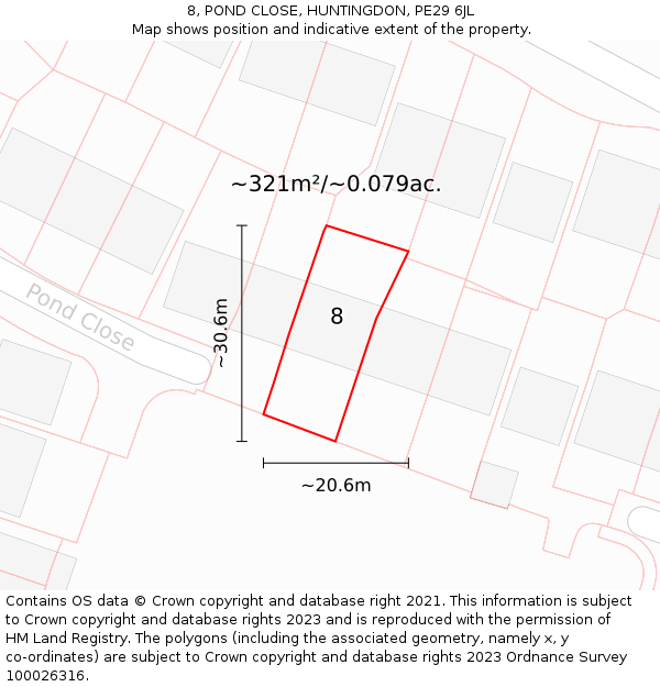8, POND CLOSE, HUNTINGDON, PE29 6JL: Plot and title map