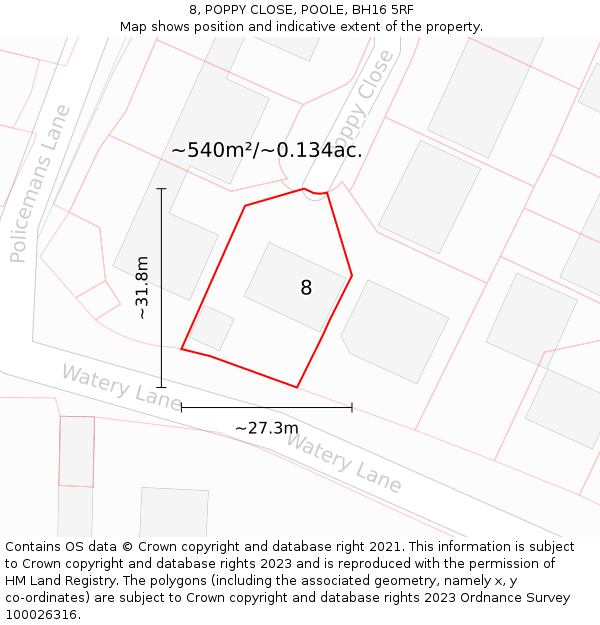 8, POPPY CLOSE, POOLE, BH16 5RF: Plot and title map