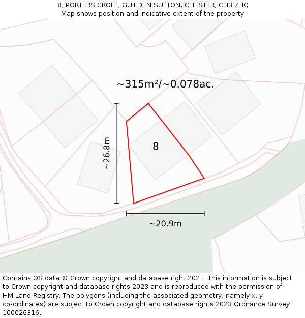 8, PORTERS CROFT, GUILDEN SUTTON, CHESTER, CH3 7HQ: Plot and title map