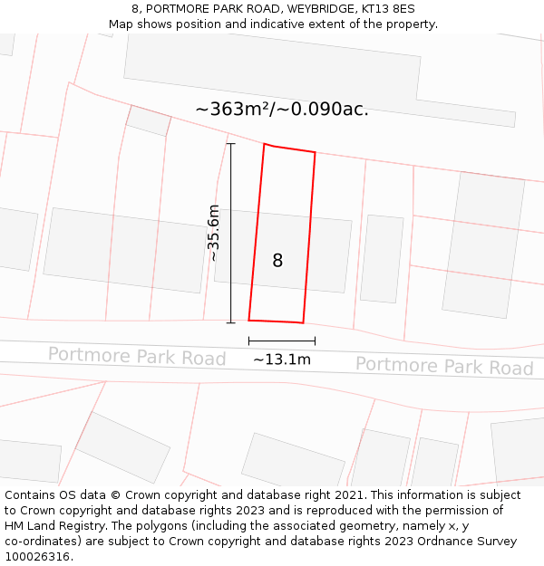 8, PORTMORE PARK ROAD, WEYBRIDGE, KT13 8ES: Plot and title map