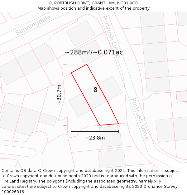 8, PORTRUSH DRIVE, GRANTHAM, NG31 9GD: Plot and title map