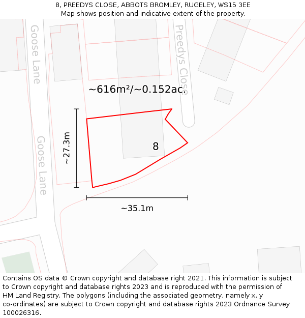 8, PREEDYS CLOSE, ABBOTS BROMLEY, RUGELEY, WS15 3EE: Plot and title map